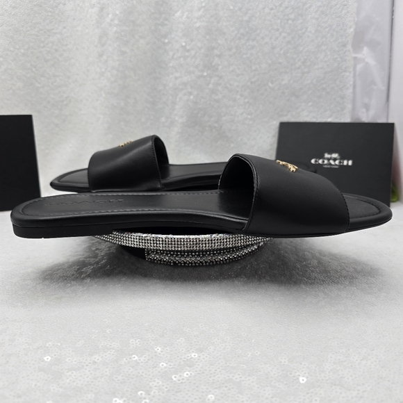 Coach Slide Sandal Black Leather Goldtone Hardward Elegant Silhouette Womens 10 - Picture 5 of 8